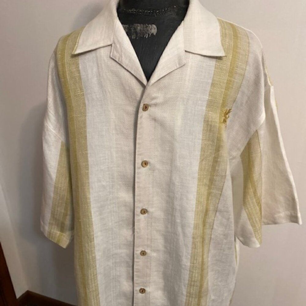Stacy Adams Signature White/Gold stripe Linen blend short sleeve shirt, size L